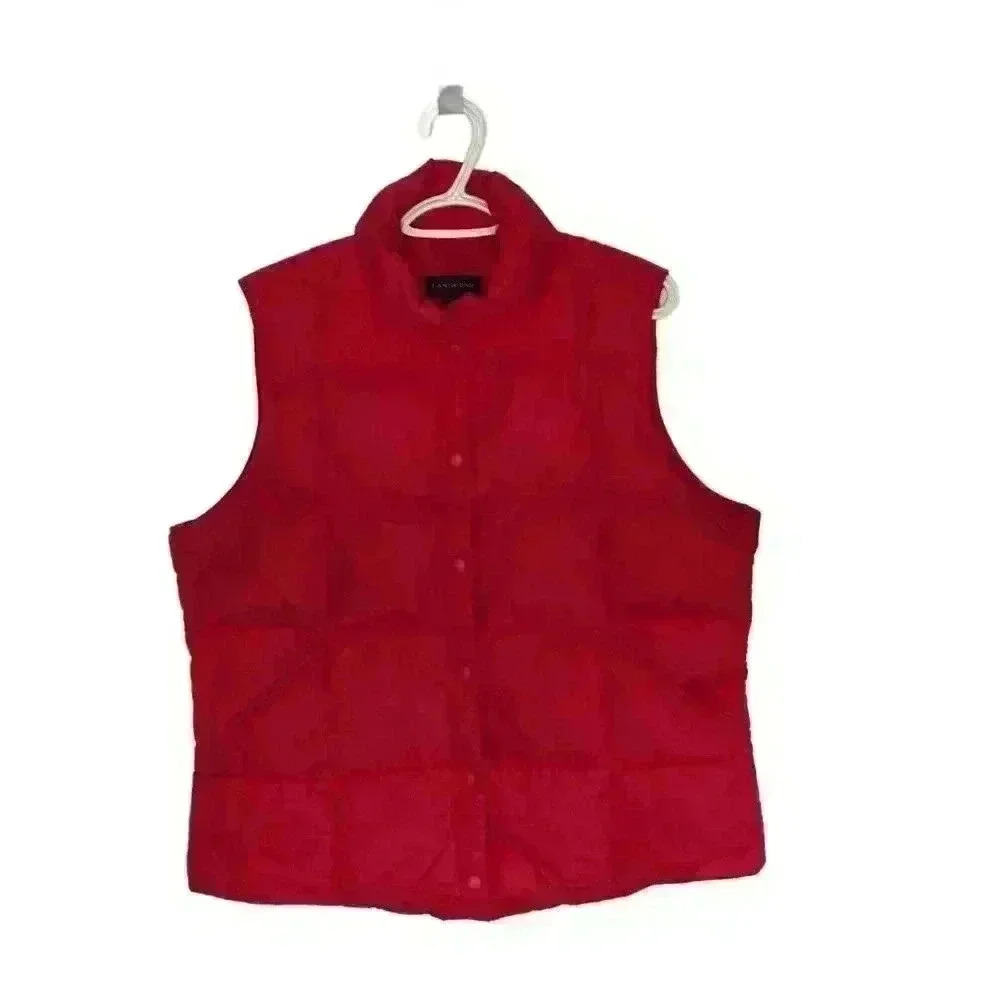 Lands' End womens Puffer Vest L Mock Neck Down Feathers Pockets Hot Pink